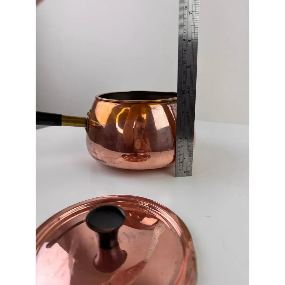 Vintage MCM Solid Copper Pot Rose Gold Metal Wooden Handle Lid Made In Portugal
